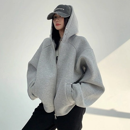 Switching Design Loose Zip Hooded Jacket OS2031