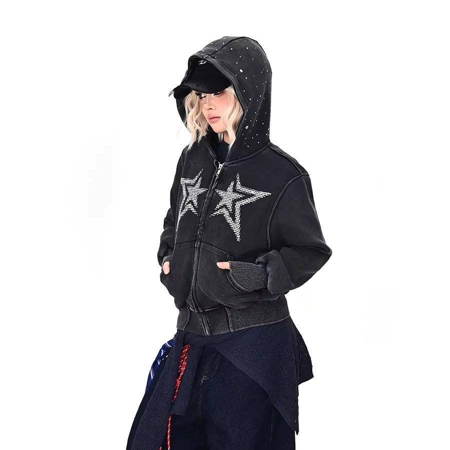 Rhinestone Star Decoration Hooded Parka MW10387