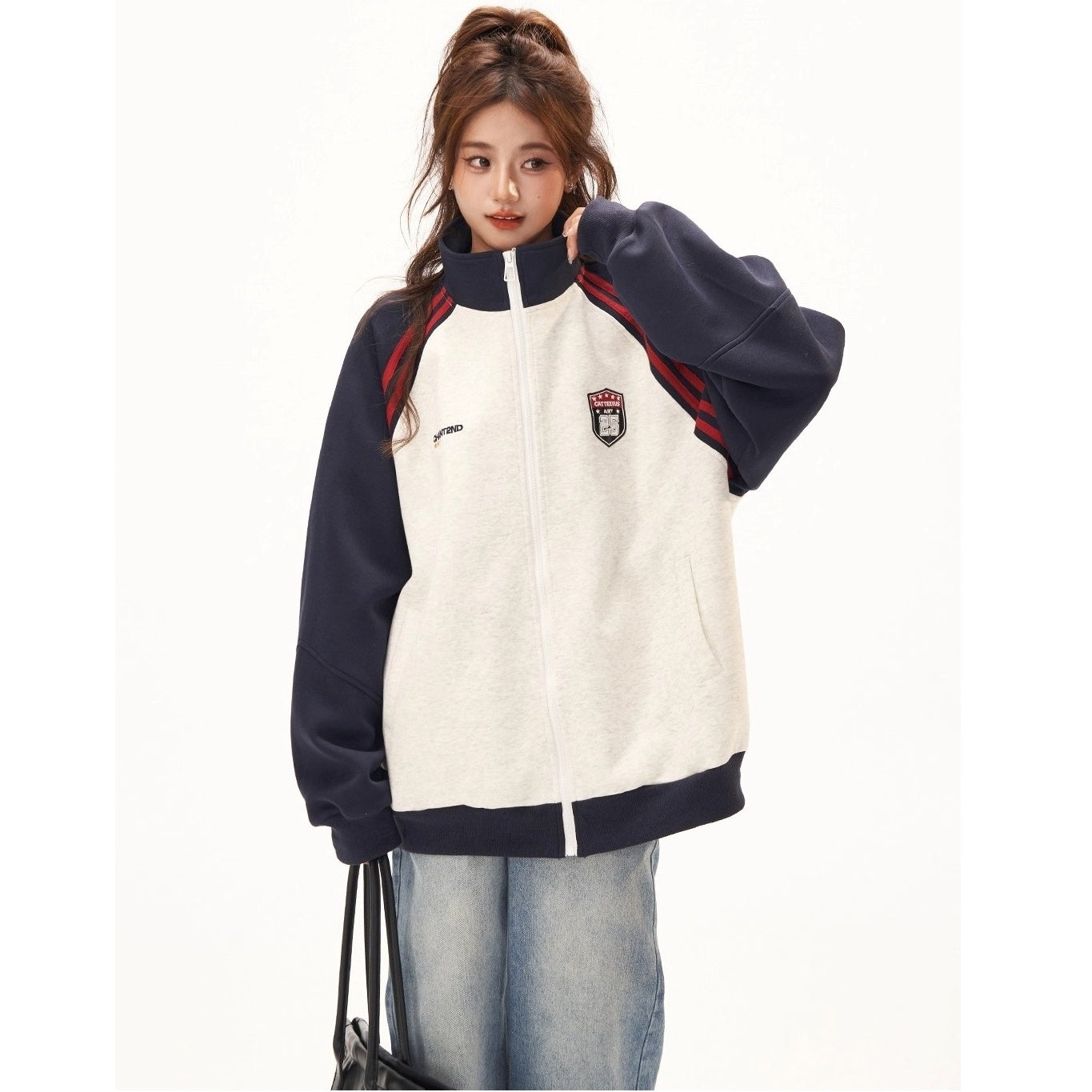 Stand-Collar Raglan Color-blocked Sweat Jacket CA7010