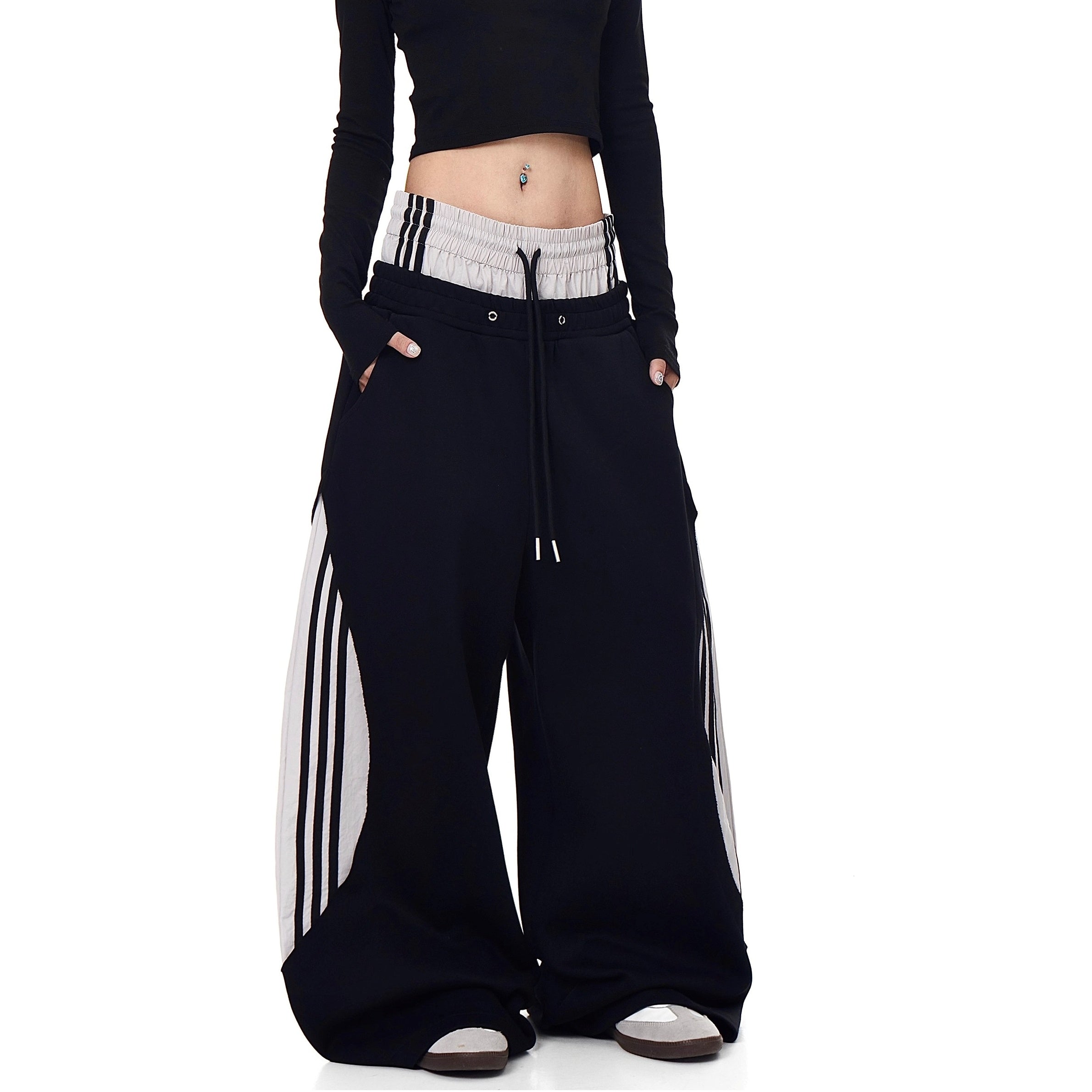 Double-Waist Striped Splicing Scimitar Sweat Pants BK7050