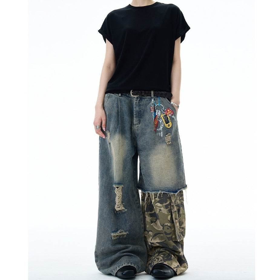 Camouflage Patchwork Loose Ripped Jeans MW10322