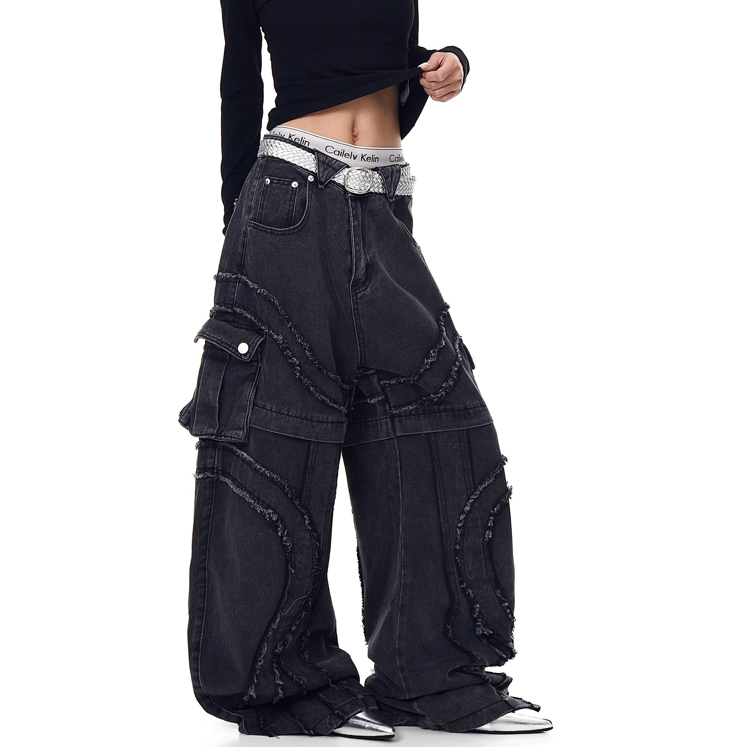 Raw Edge Switching Cargo Curve Jeans BK7027