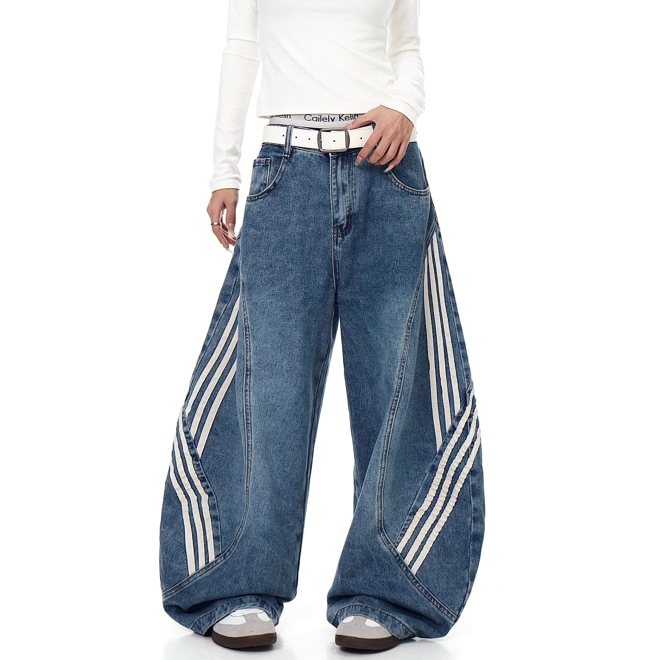 Striped Patchwork Washed Scimitar Jeans BK7031