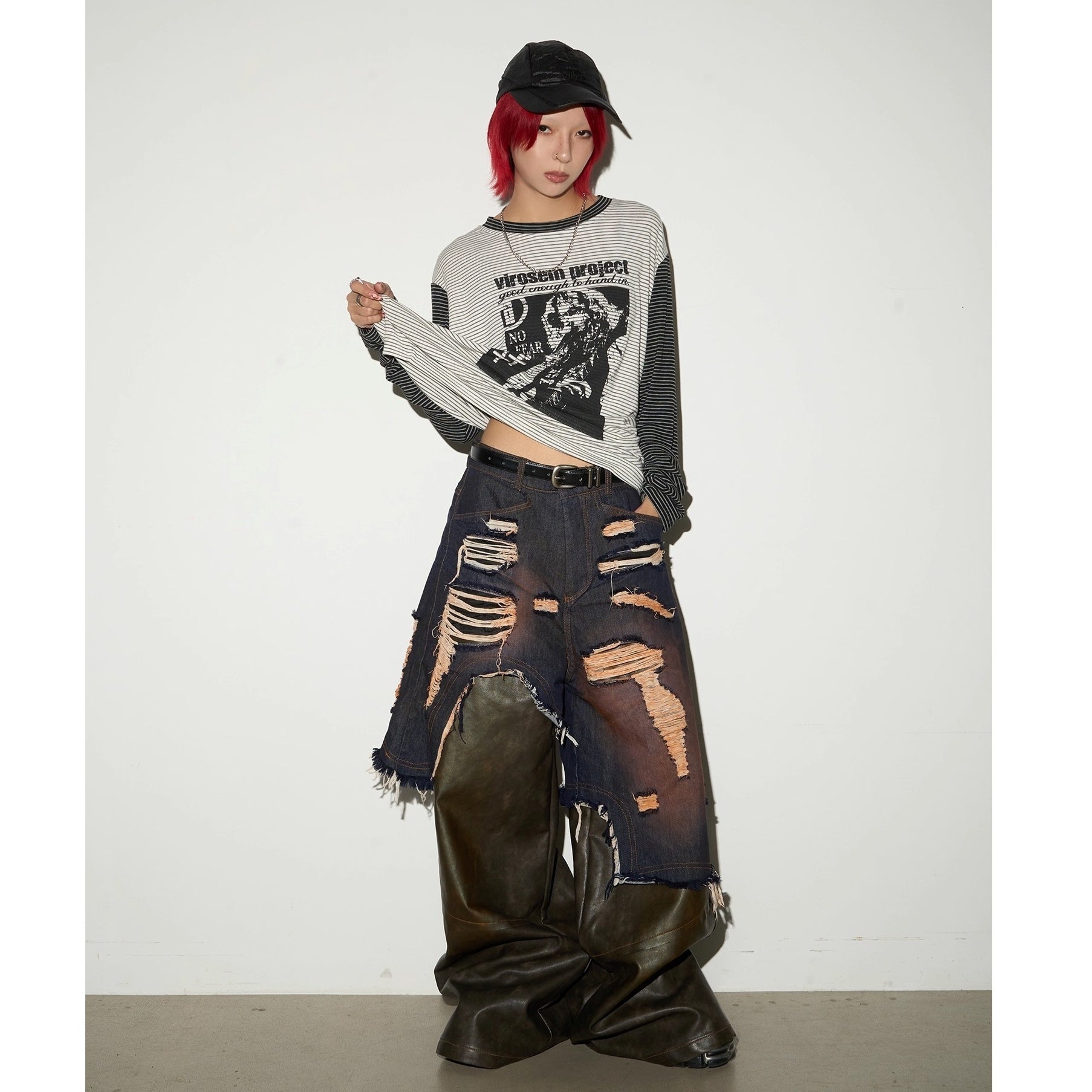 Character Print Patchwork Border Long Sleeve T-shirt MN9030