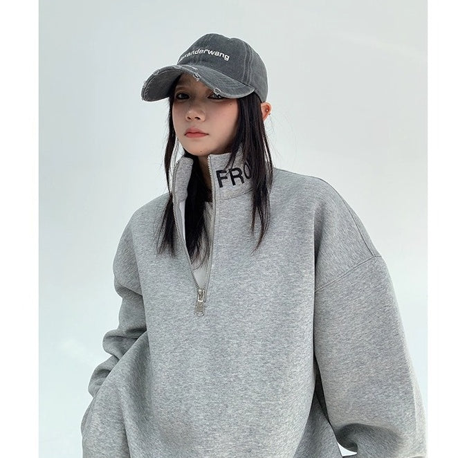 Embroidered Stand Collar Half-Zip Sweat OS2053