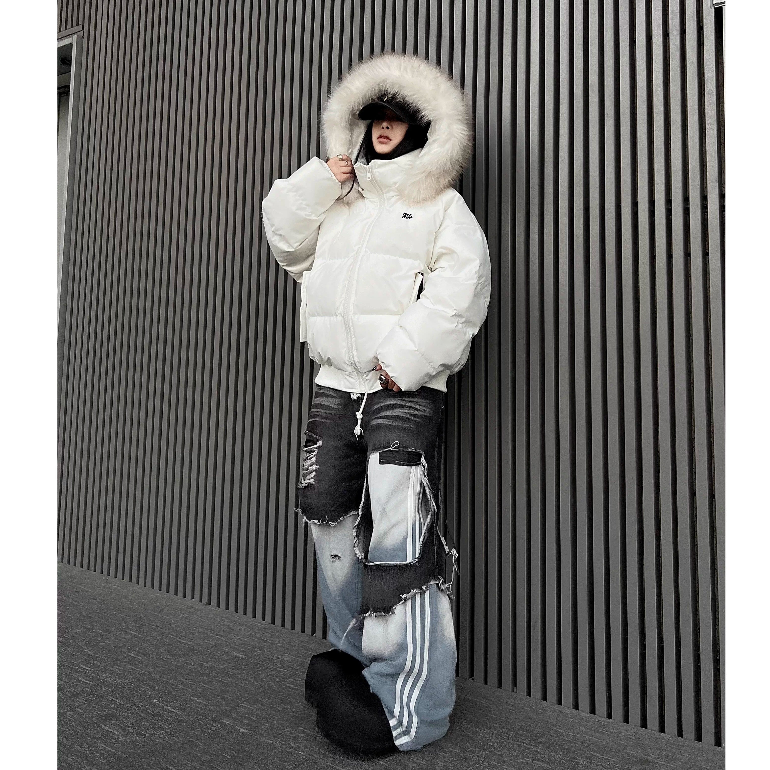 Fake Two Pieces Punk Denim Patchwork Flare Pants MW10338