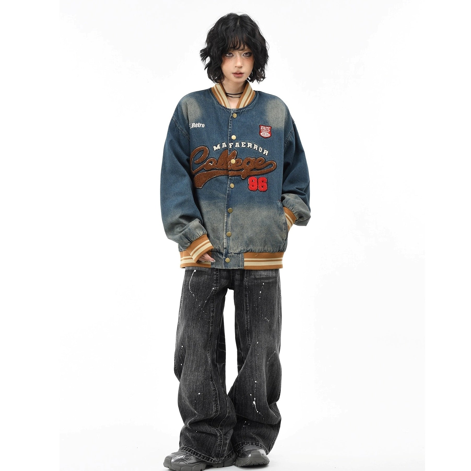 Retro Washed Embroidered Denim Baseball Jacket MW10303