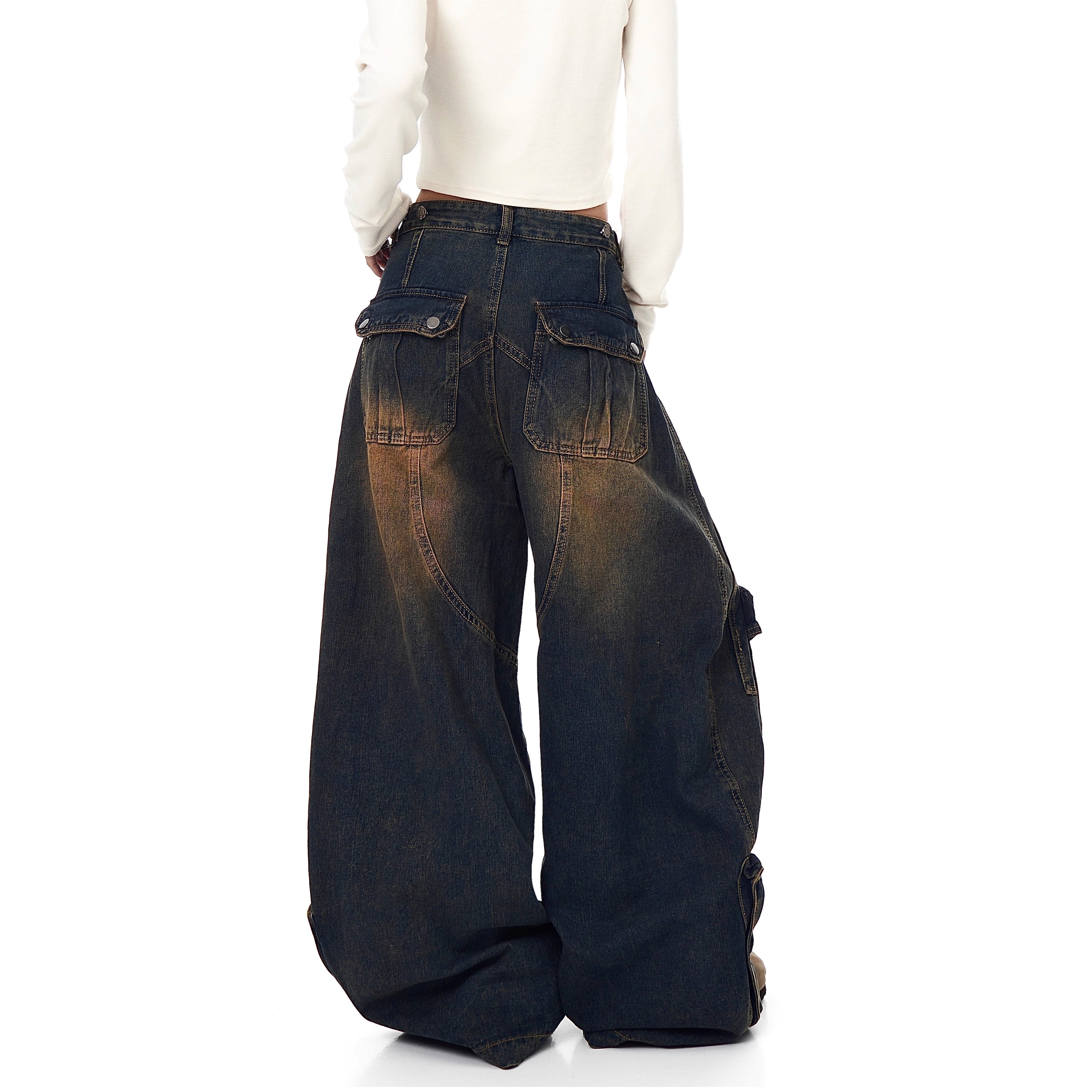 Deconstructed Multi-Pocket Damage Wide Jeans BK7004
