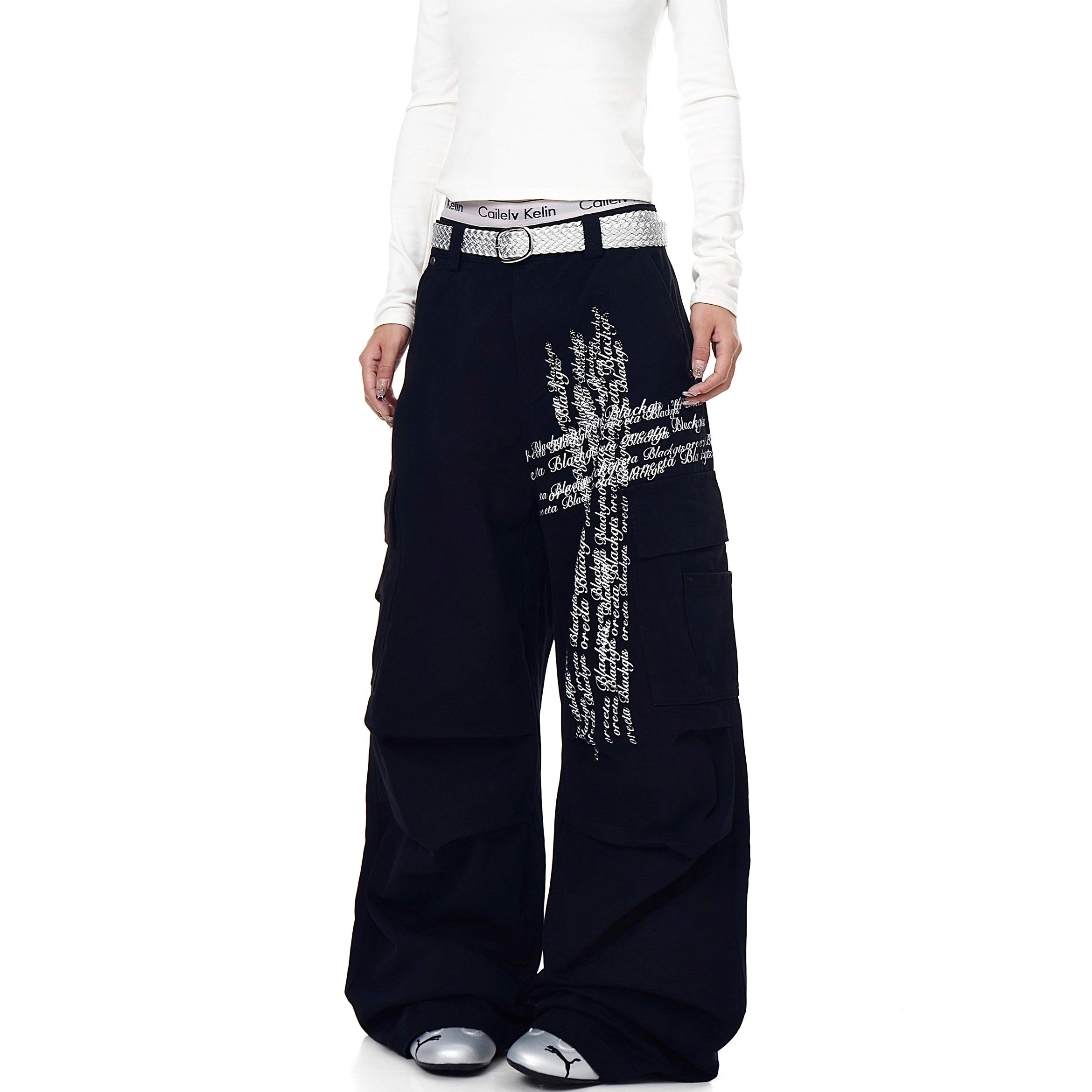 Washed Pleated Letter Print Cargo Pants BK7013