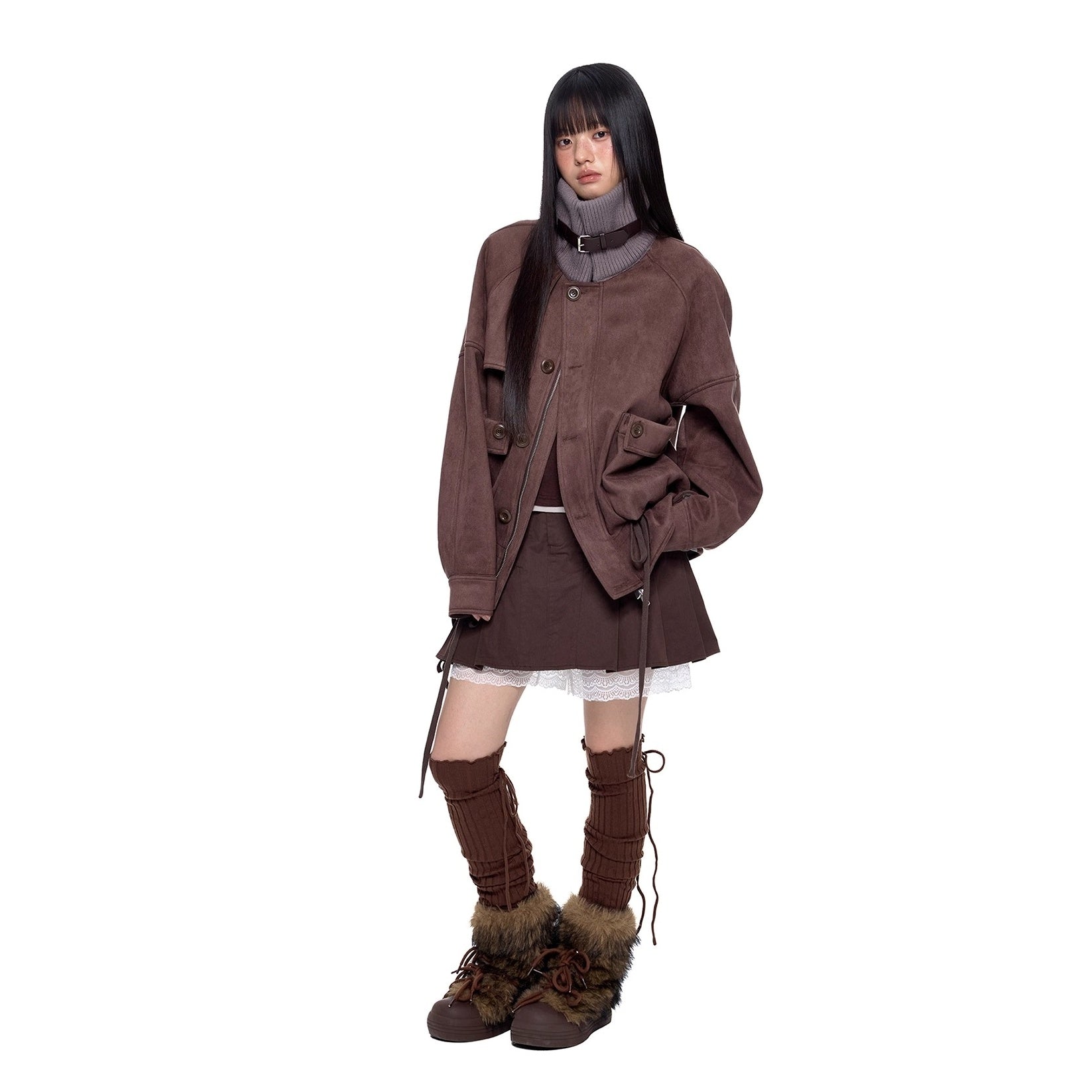 Knitted High Neck Drawstring Faux Suede Jacket EZ252