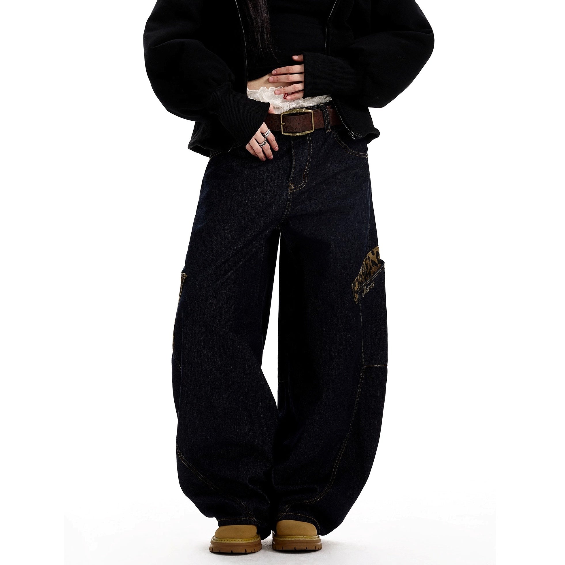 Leopard Print Stitching Large Pocket Design Curve Jeans MW10300