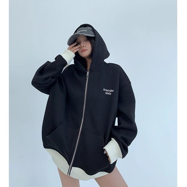 Contrast Embroidery Zip Hooded Jacket OS2043