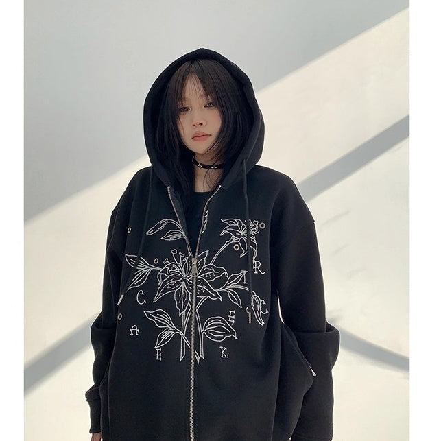 Flower Embroidered Loose Hooded Jacket OS2050