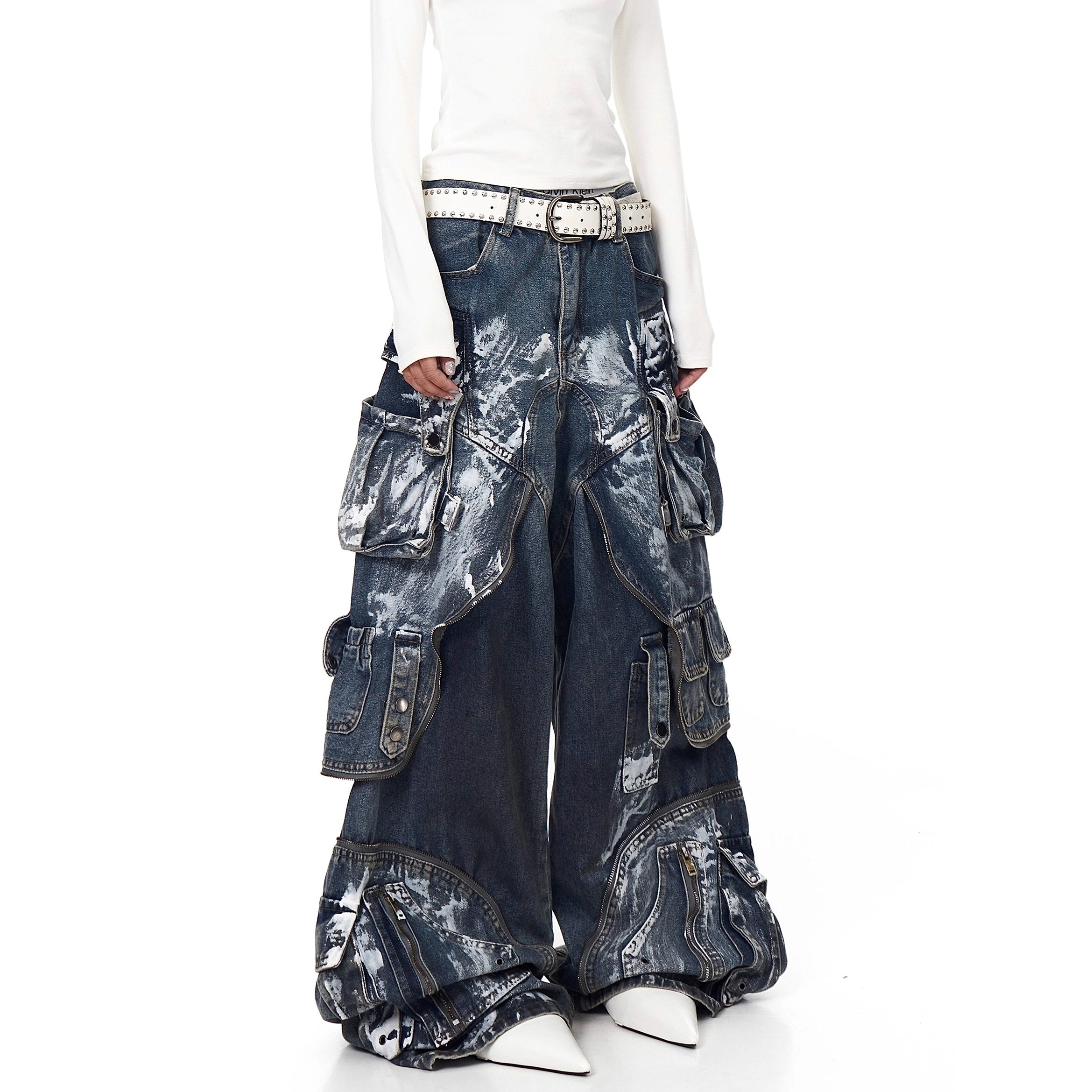 Dirty Worn Zipper Splicing Cargo Jeans BK7043