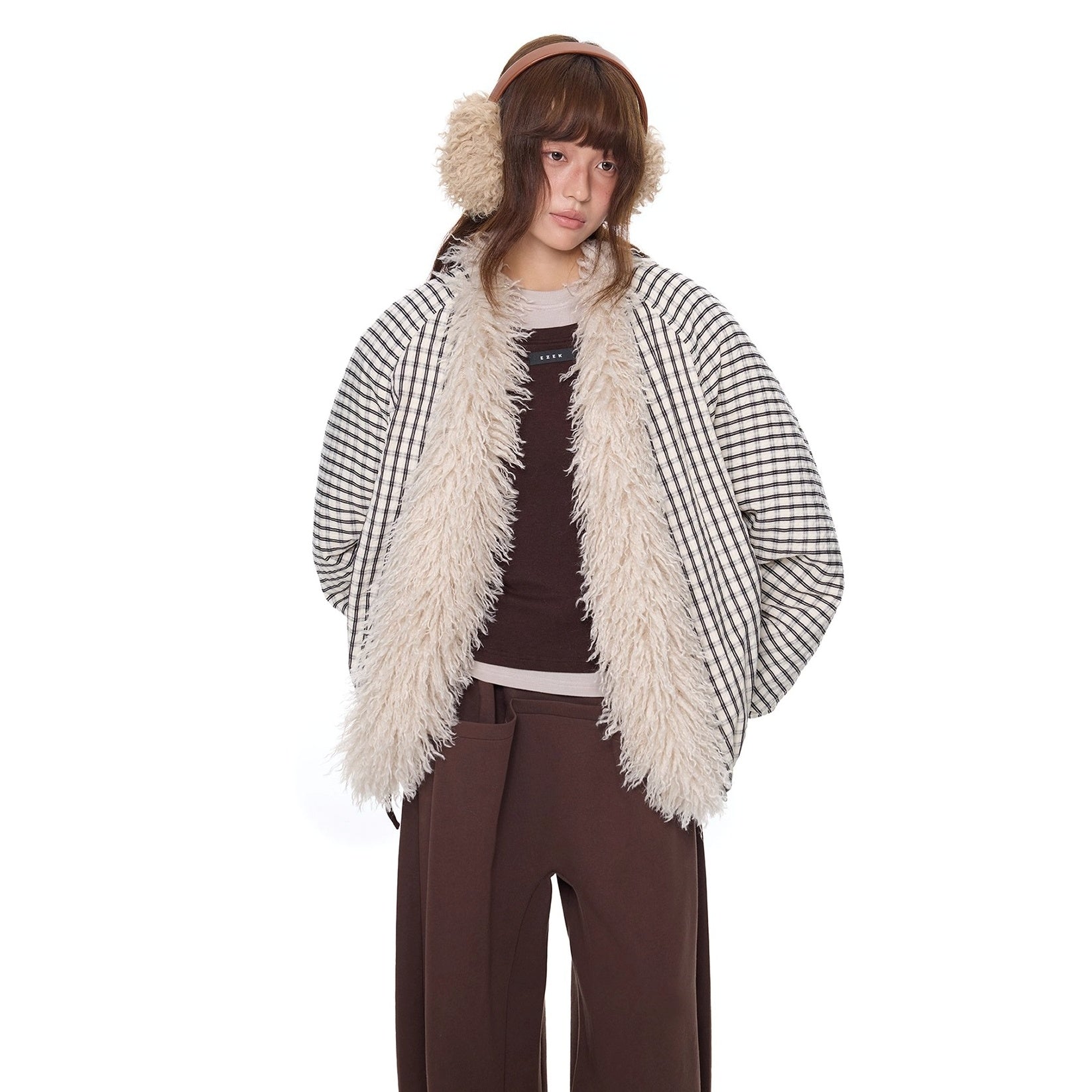 Plaid Fur No-Collar Padded Jacket EZ292