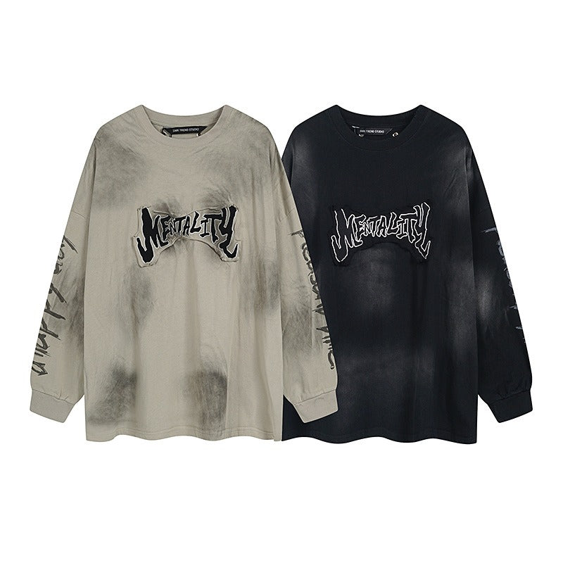 Patch Embroidered Stained Washed Long Sleeve T-shirt MW10248