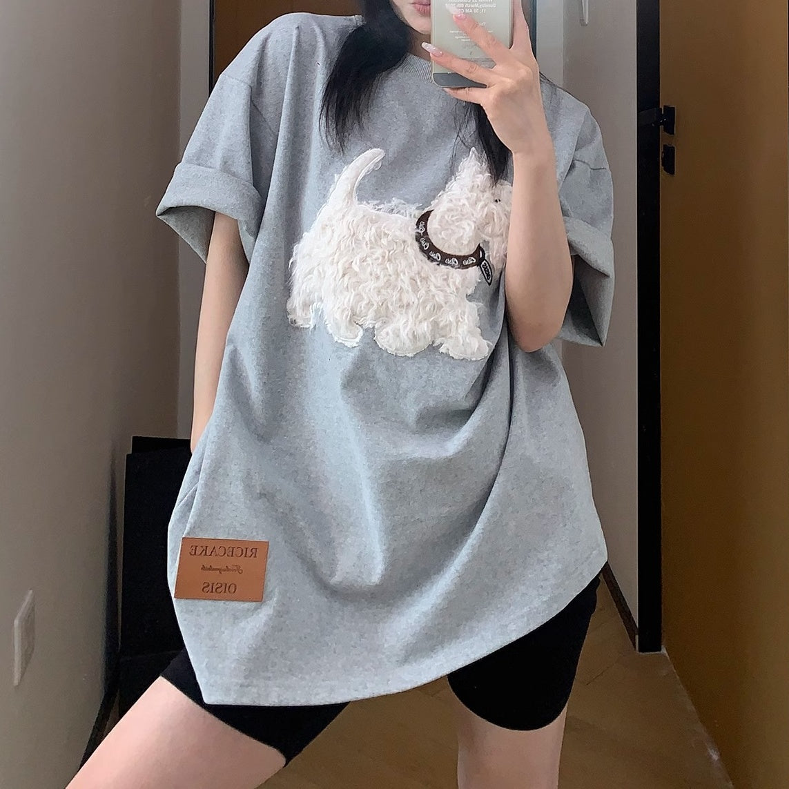 Cartoon Plush Dog Embroidery Loose T-shirt OS2007