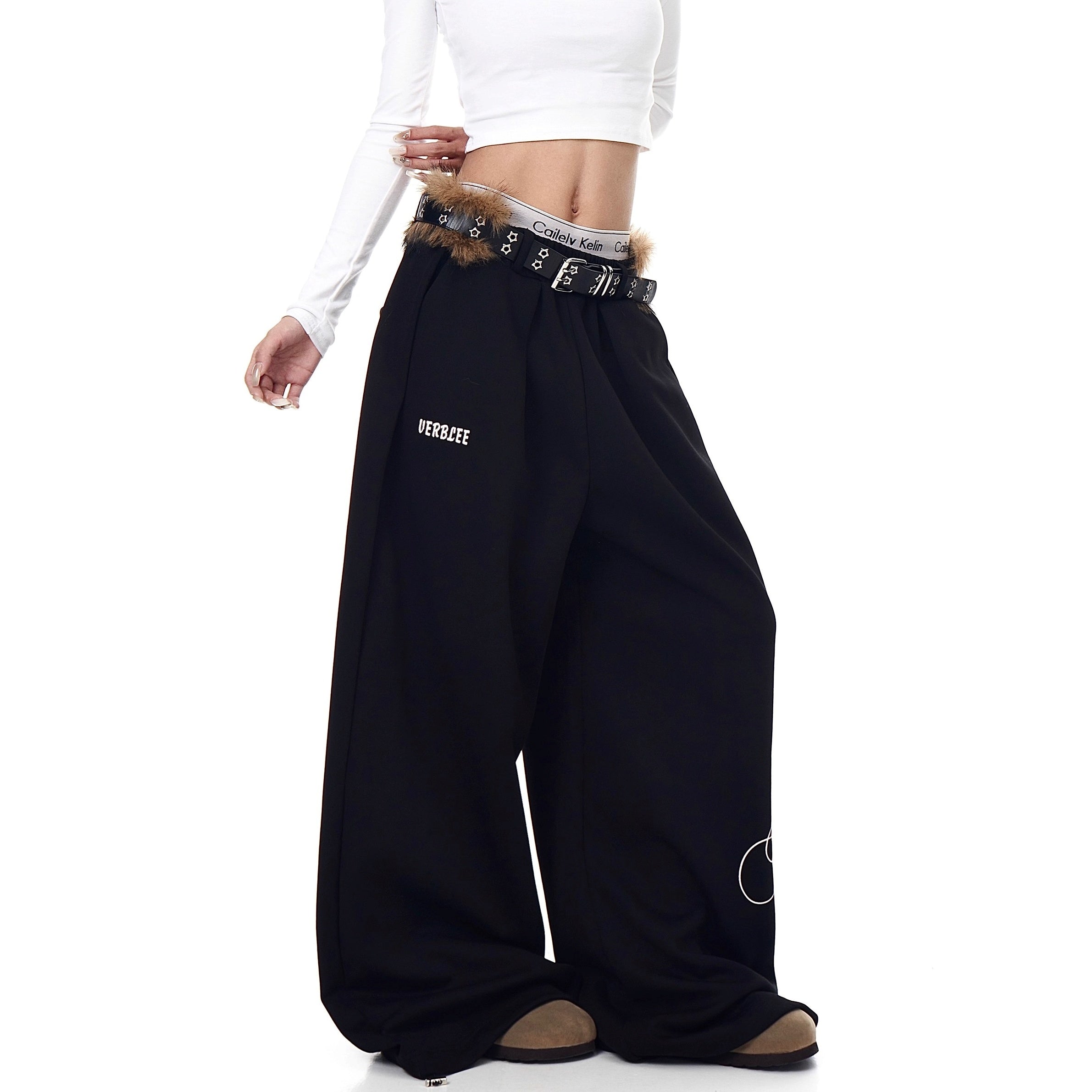 Letter Print Wide Sweat Pants With Fur Belt BK7026