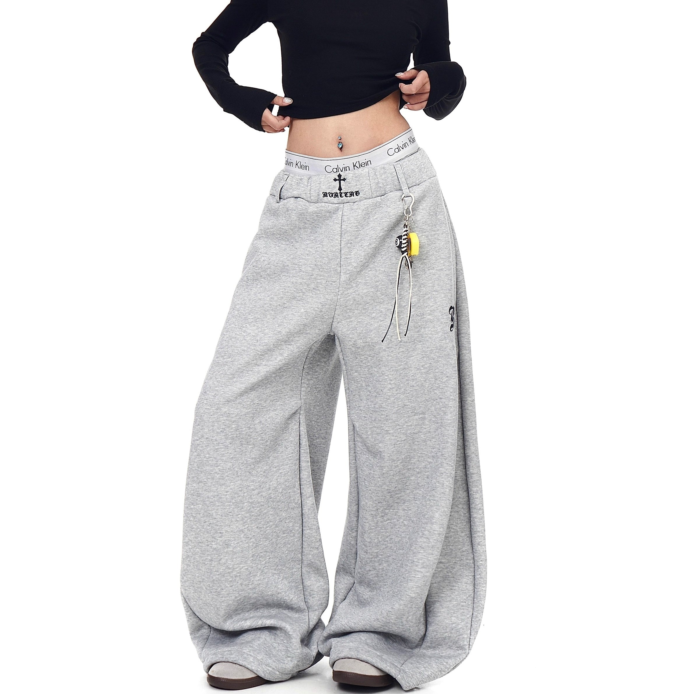 Cross Embroidery Loose Sweat Curve Pants BK7055