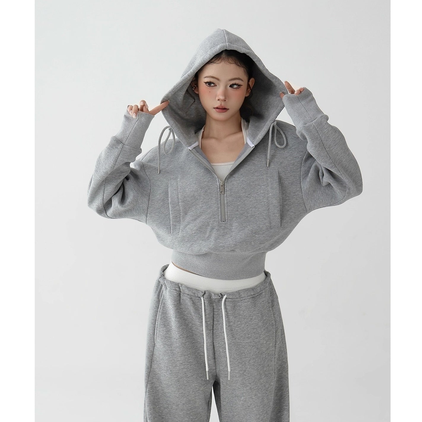 【上下別売り】Half-ZIP Cropped Hoodie & Loose Pants Set-up AC7159