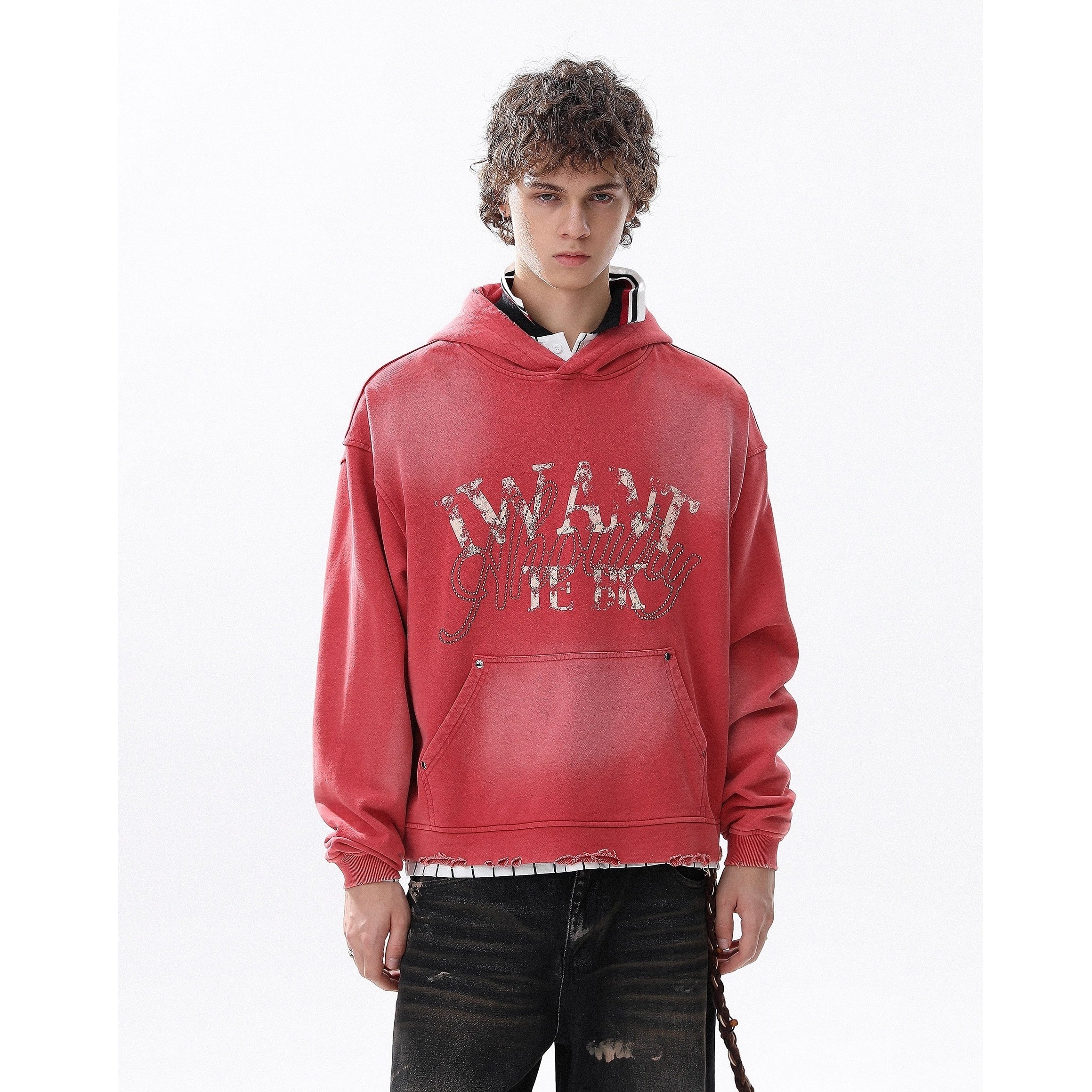 RhineStone Letter Print Damage Hoodie MR8025