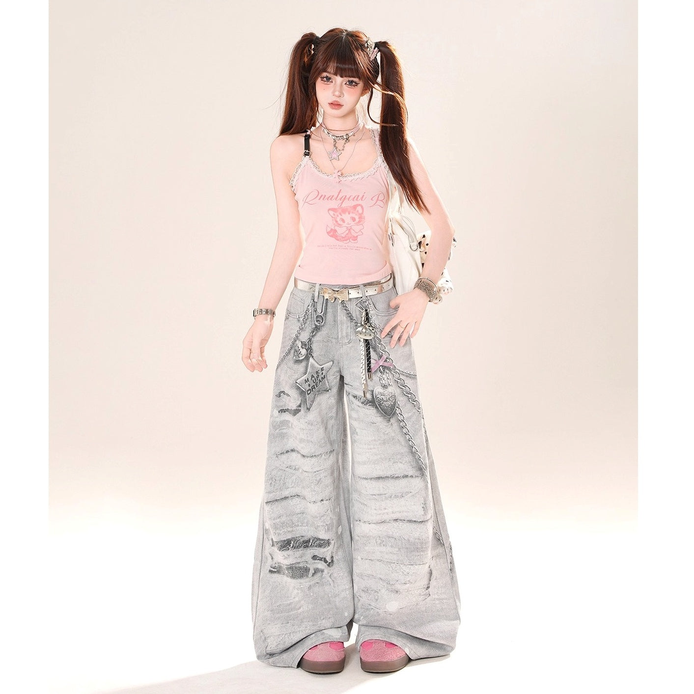 Chain＆Charm Print Loose Jeans KK2074