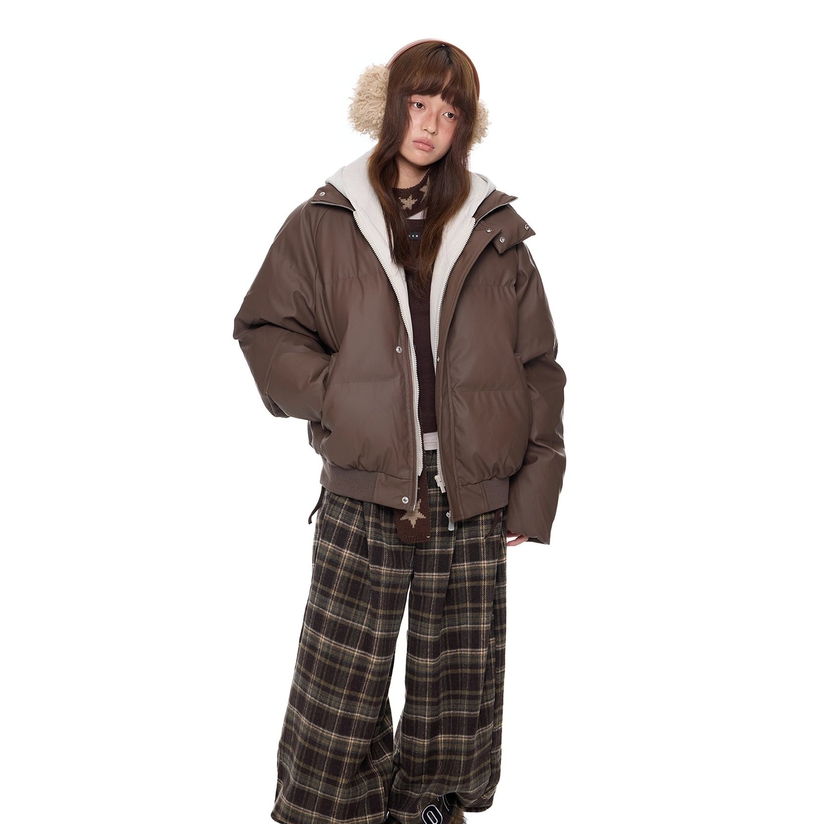 Contrast Color Hooded PU Leather Jacket EZ286