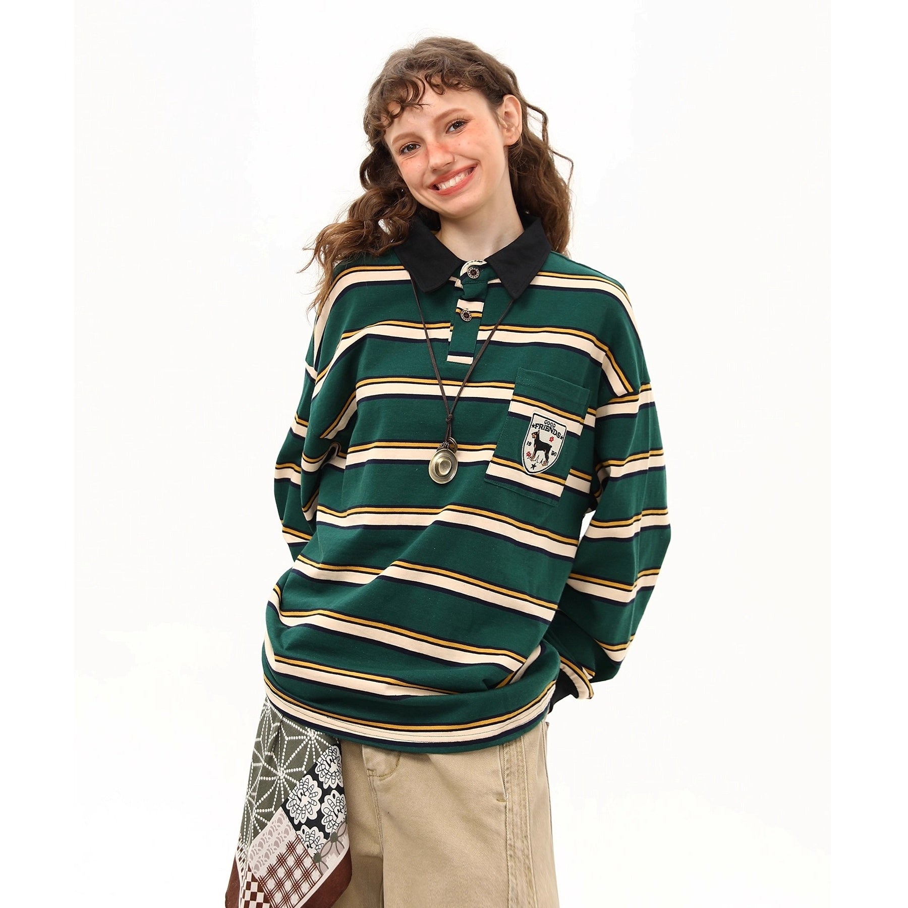 Preppy Style Border Long Sleeve Polo Shirt MW10251