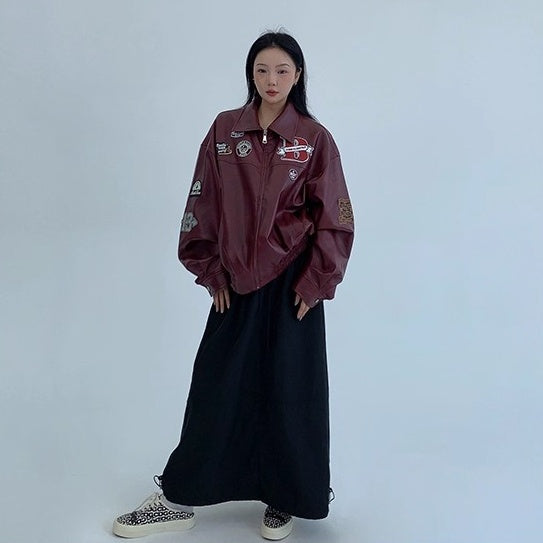 Vintage PU Leather Loose Embroidered Jacket OS2028