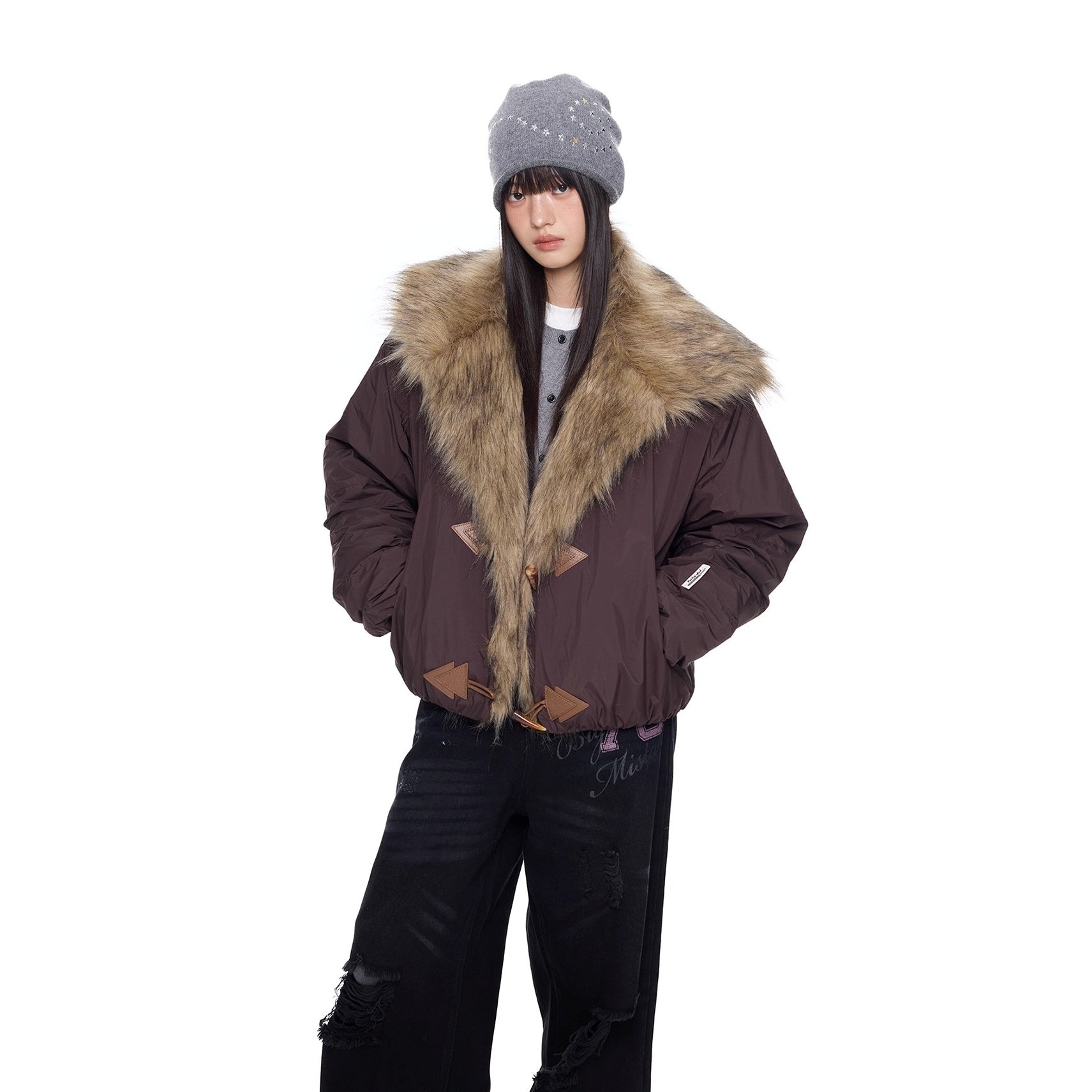 Fluffy Large Lapel Horn Buckle Cropped Jacket EZ289