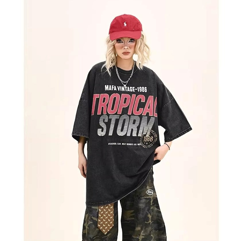 Washed Letter Print Over Size T-shirt MW10372