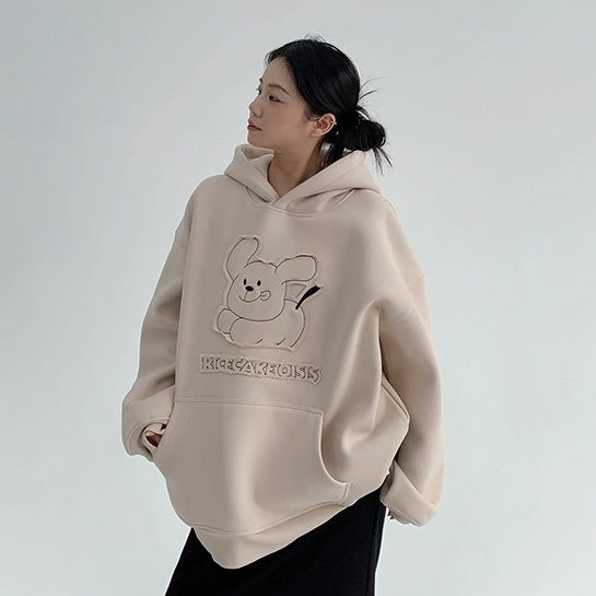 Retro Patch Embroidery Cartoon Plush Hoodie OS2070