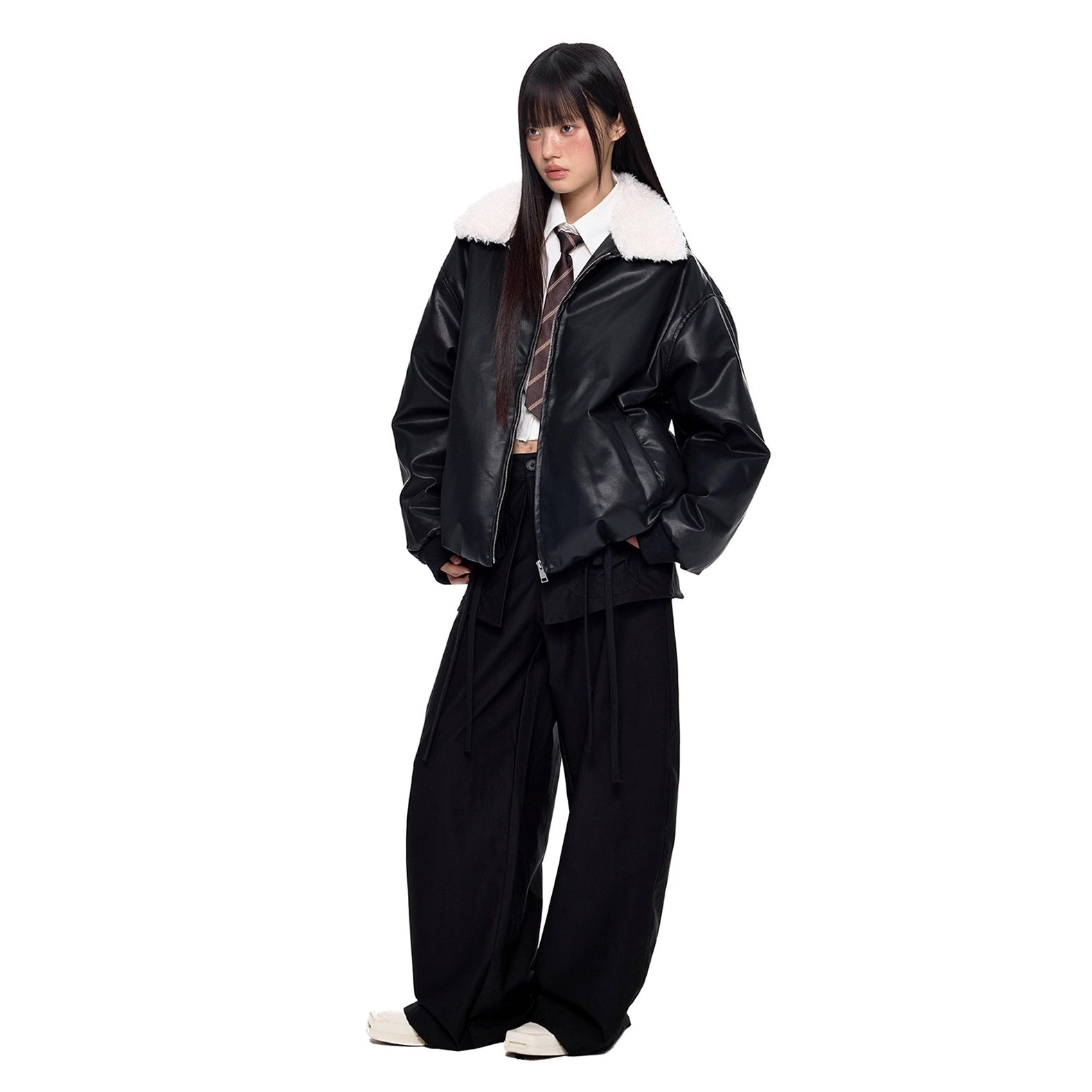 Contrast Lapel PU Leather Jacket EZ255