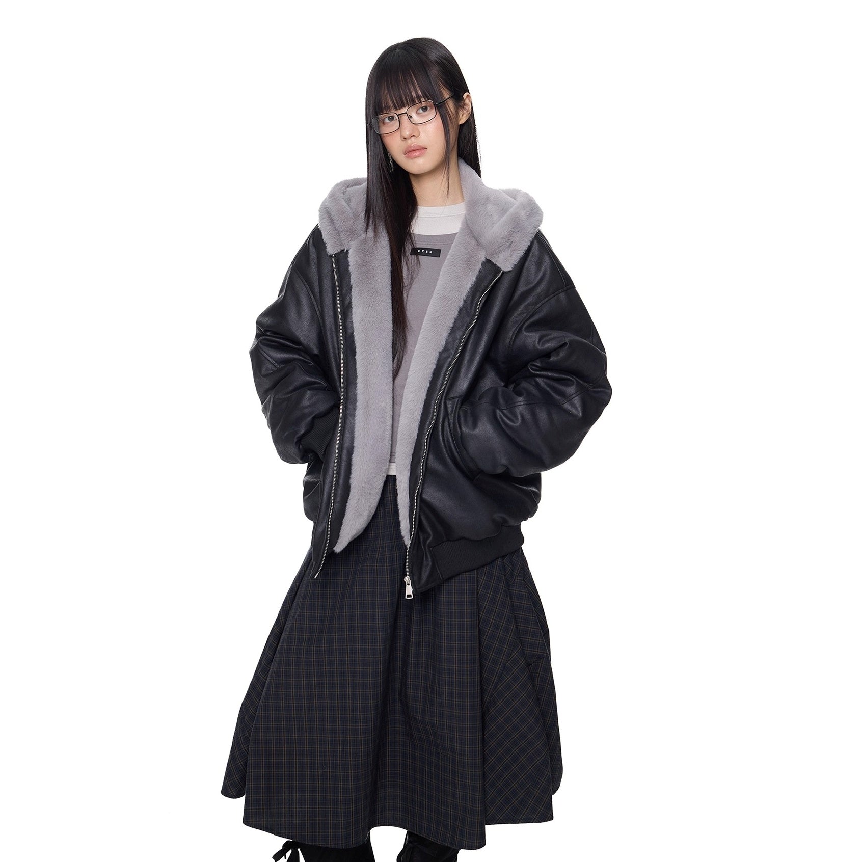 Furry Hooded PU Leather Loose Jacket EZ288