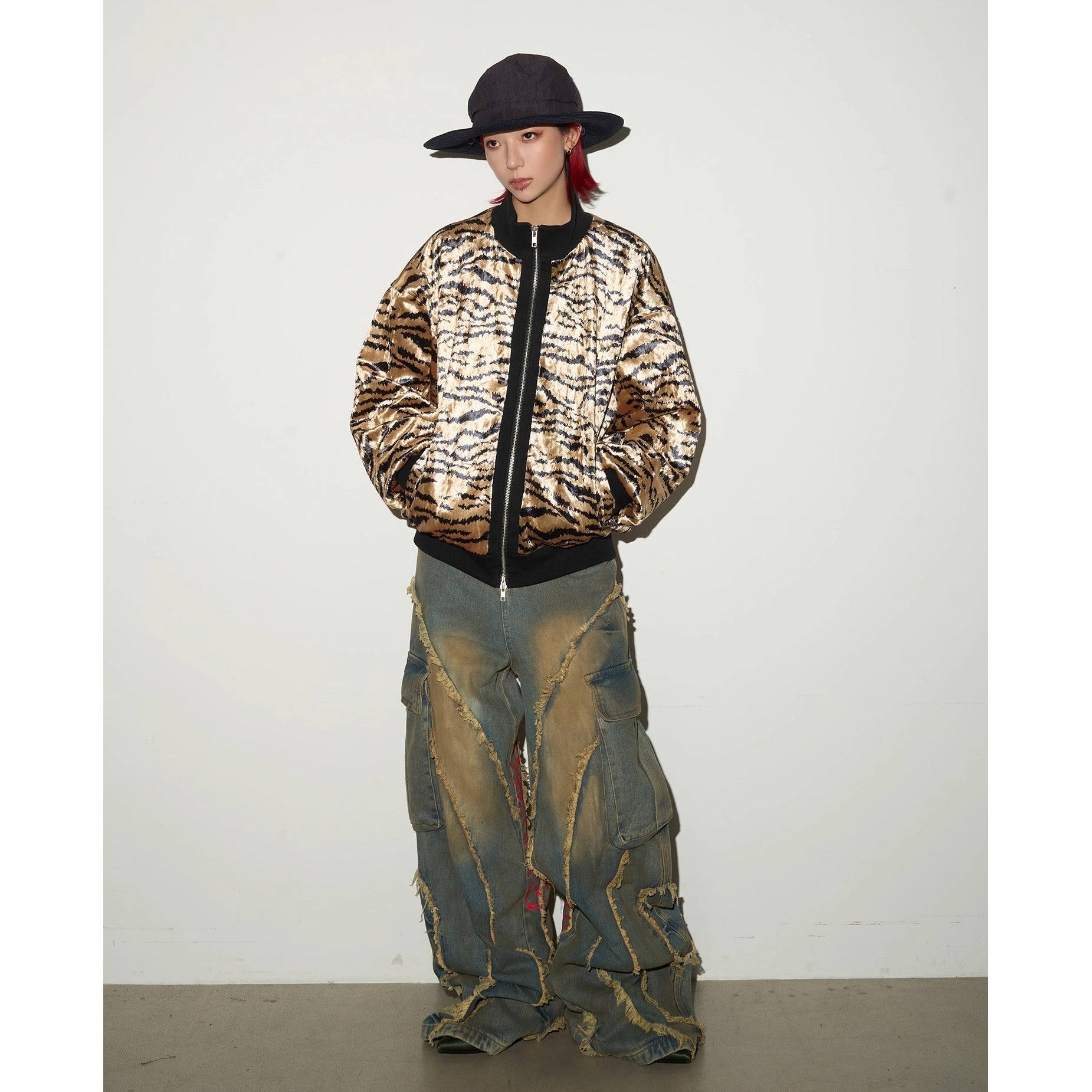 Pigment Print Raw Edge Wide Cargo Jeans MN9047