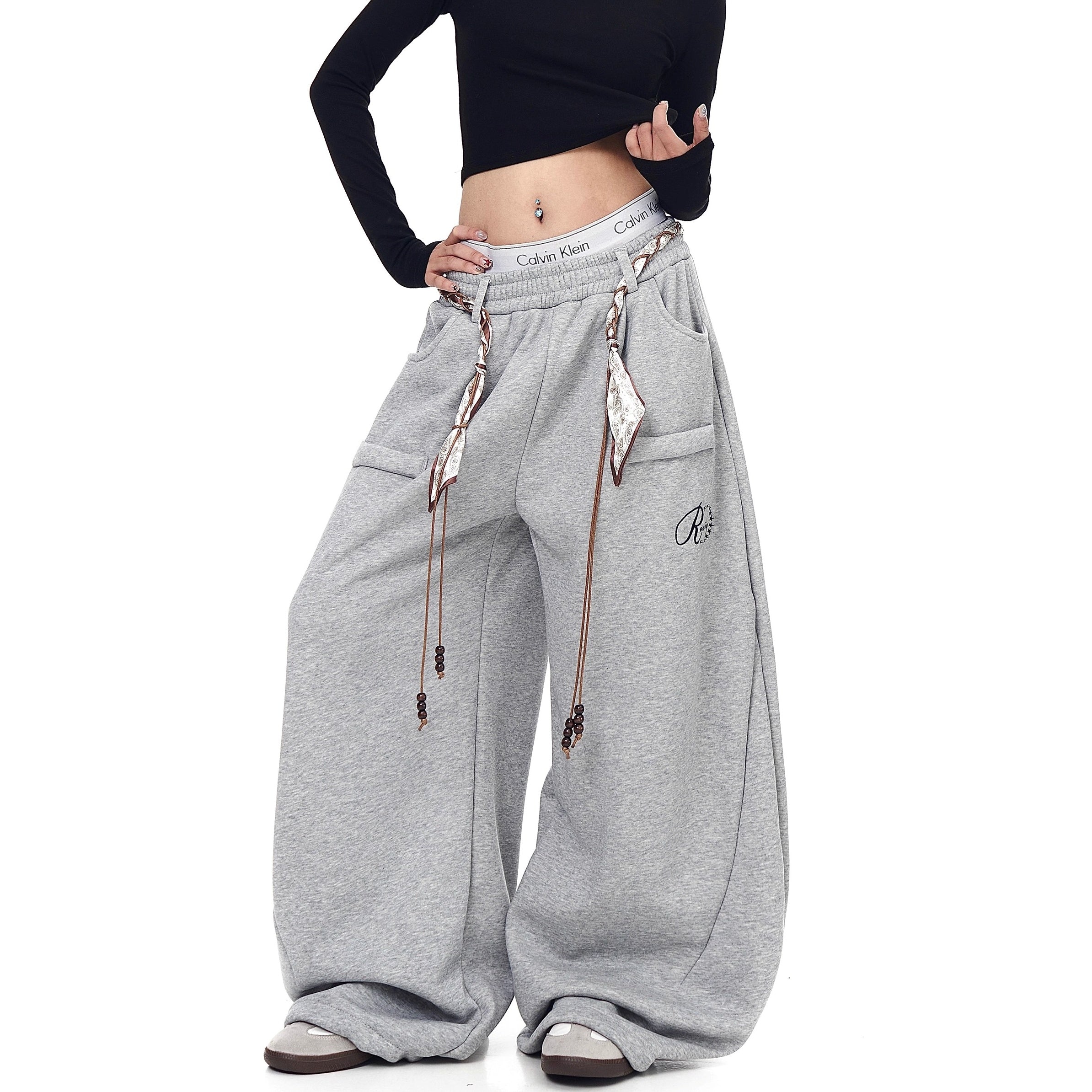 Waist Scarf Cord Design Curve Sweat Pants BK7057