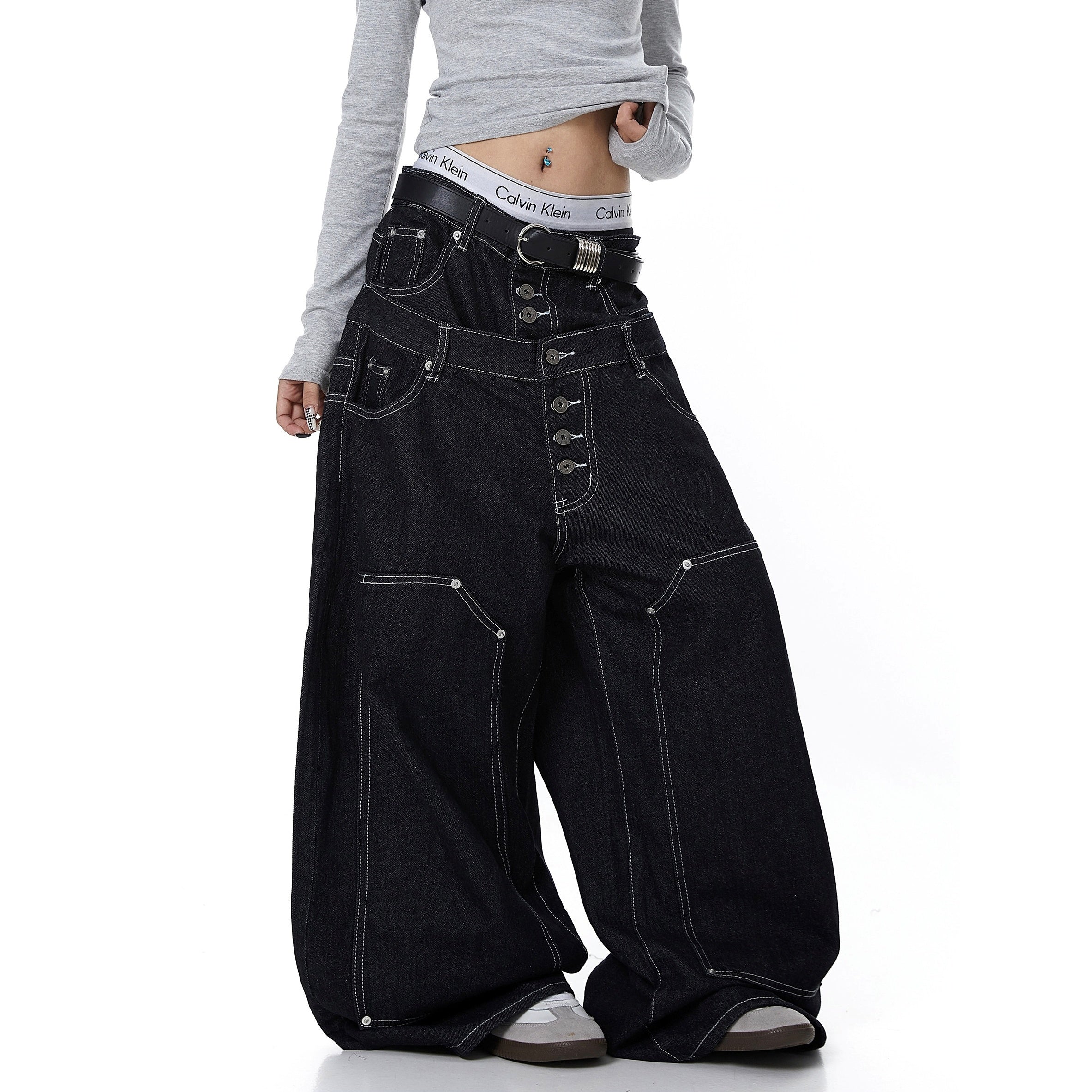 Double Waist Stitch Design Wide Curve Jeans BK7075