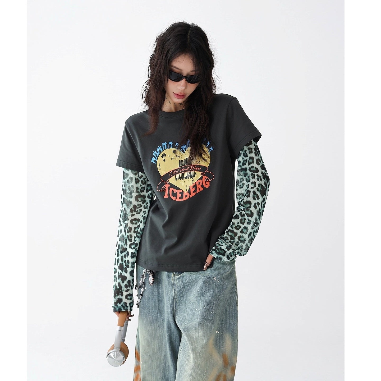 Leopard Print Stitched Fake Layered Long Sleeve T-Shirt AC7140