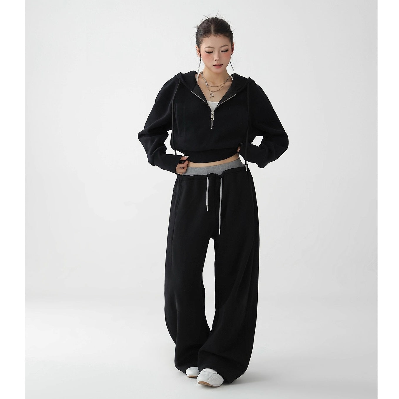 【上下別売り】Half-ZIP Cropped Hoodie & Loose Pants Set-up AC7159