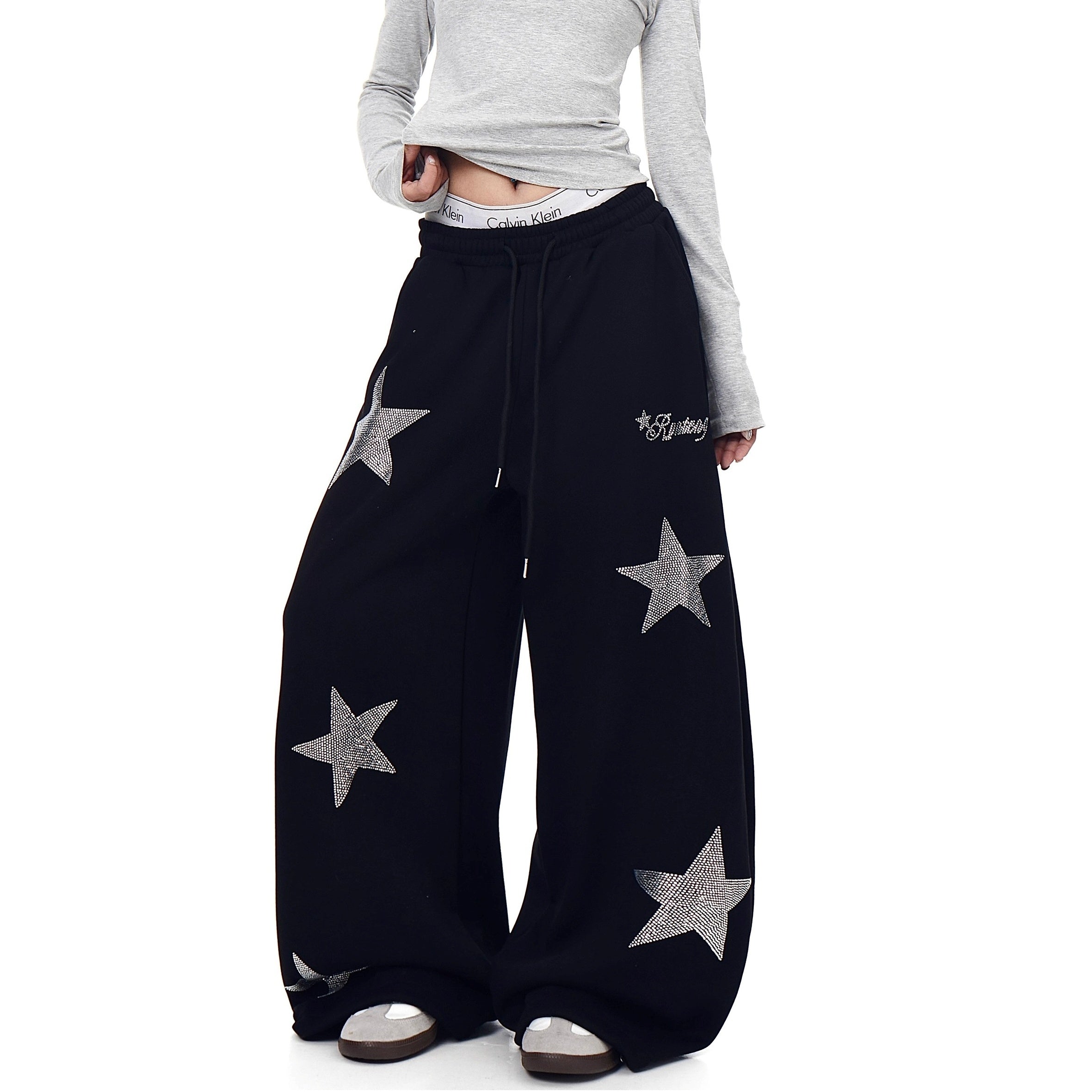 Star Rhinestone Design Curve Sweat Pants BK7060