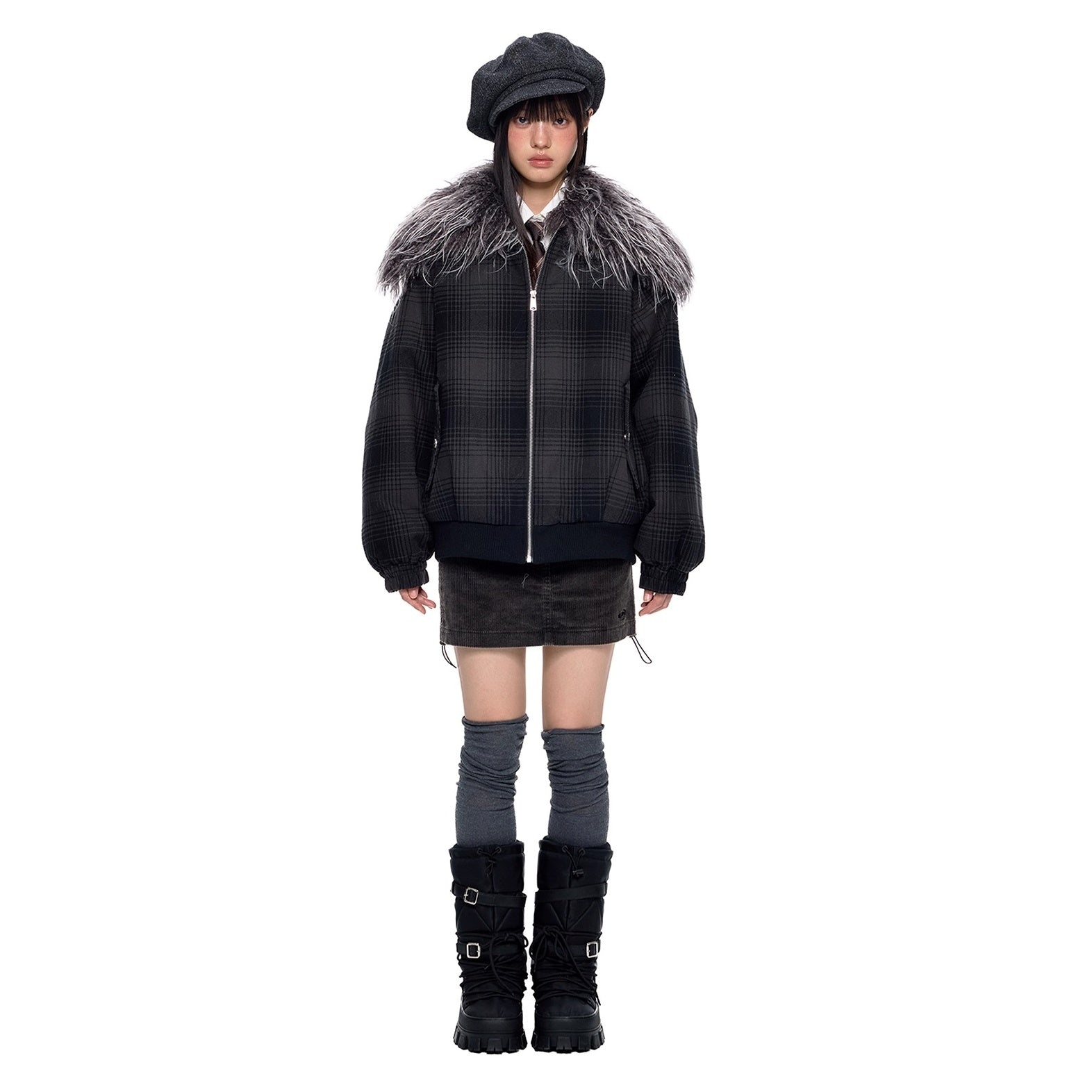 Fur Collar Shawl Plaid Jacket EZ249