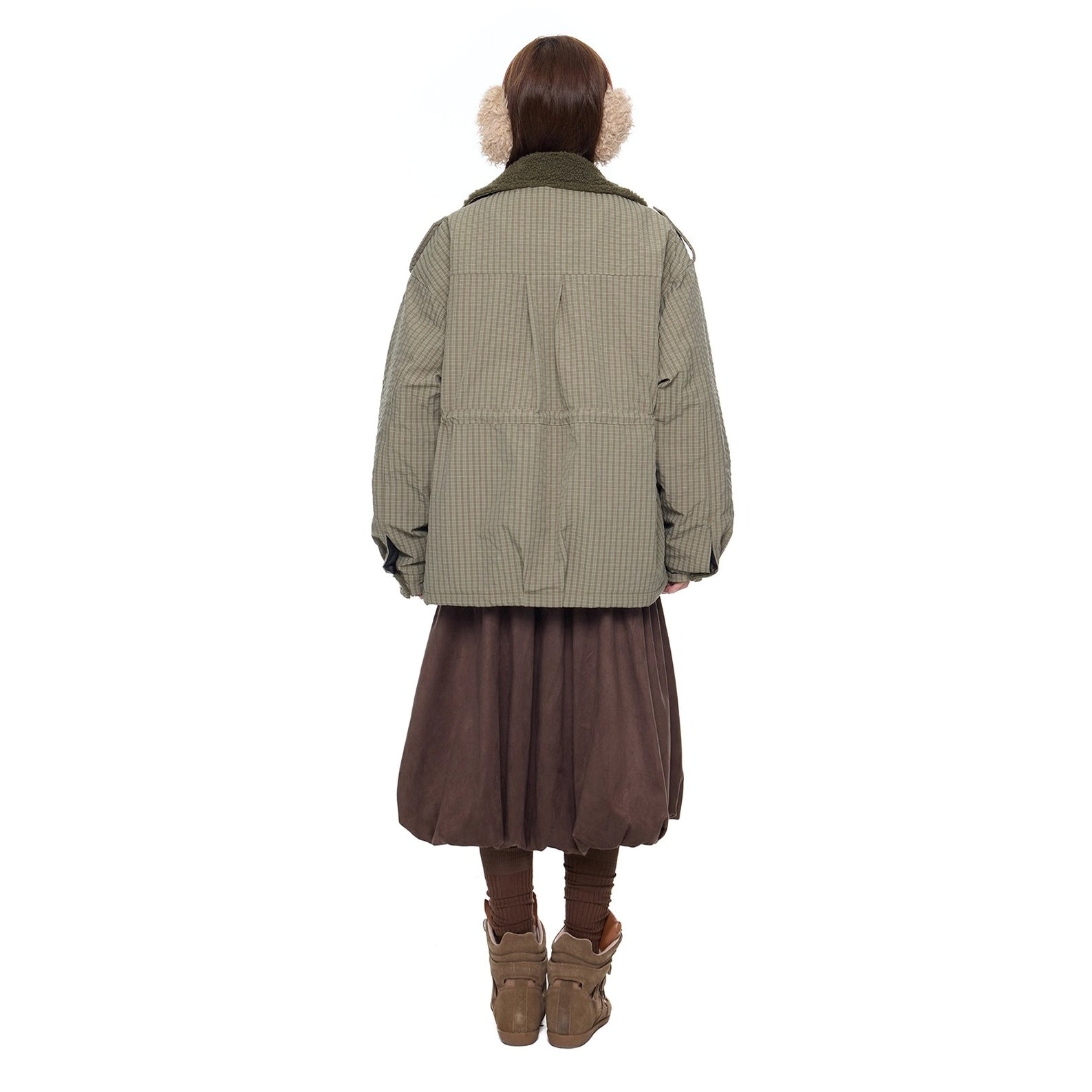 Fluffy Plaid Cargo Pocket Padded Jacket EZ284