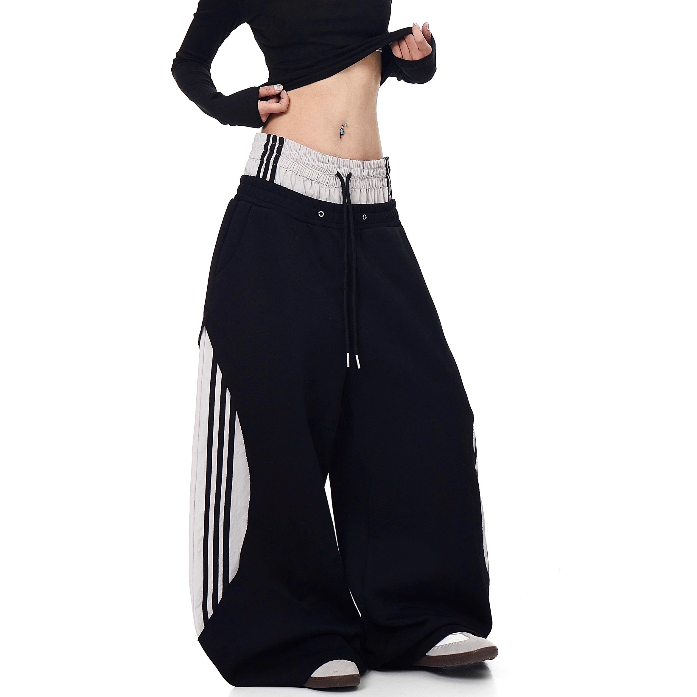 Double-Waist Striped Splicing Scimitar Sweat Pants BK7050