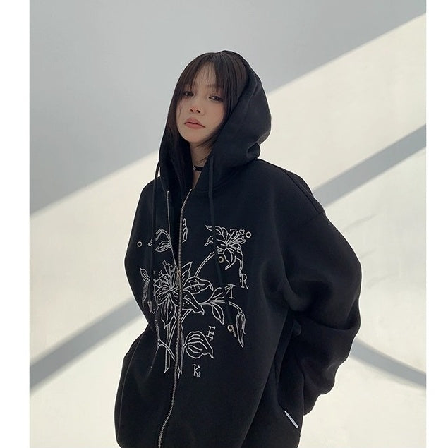 Flower Embroidered Loose Hooded Jacket OS2050