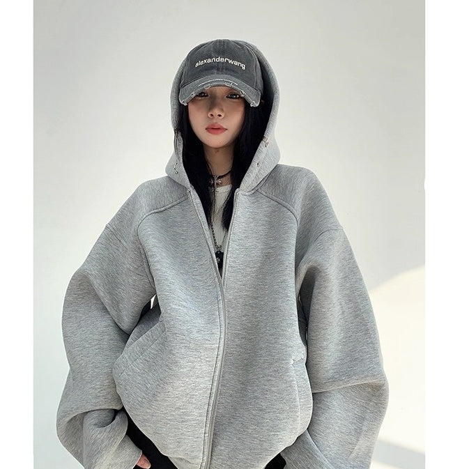 Switching Design Loose Zip Hooded Jacket OS2031