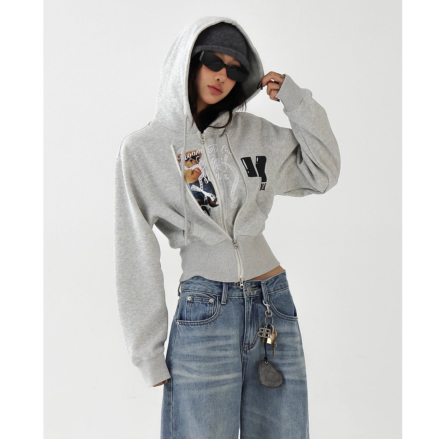 Fake Layered Bear Letter Embroidery Hooded Jacket AC7135