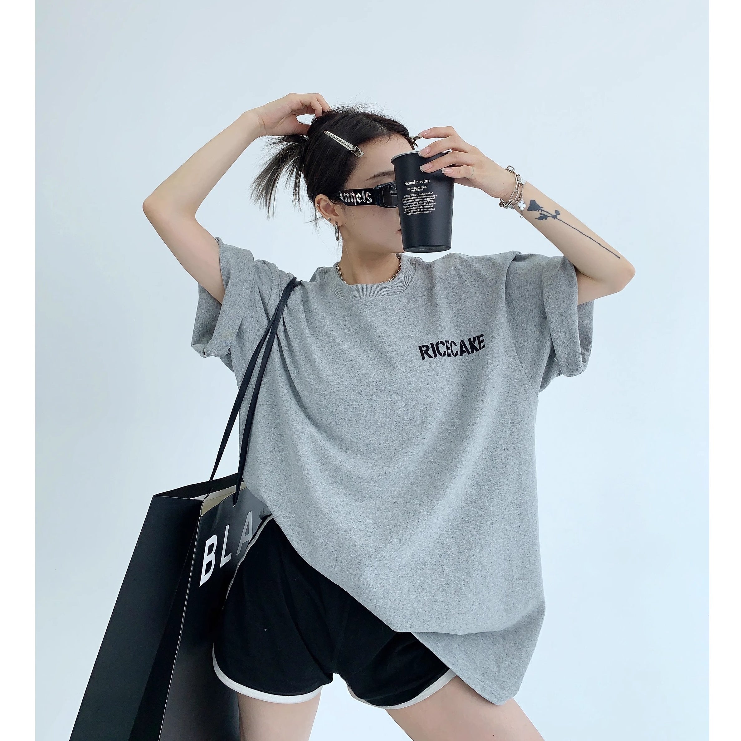 Simple Flocking Print Loose T-shirt OS2006