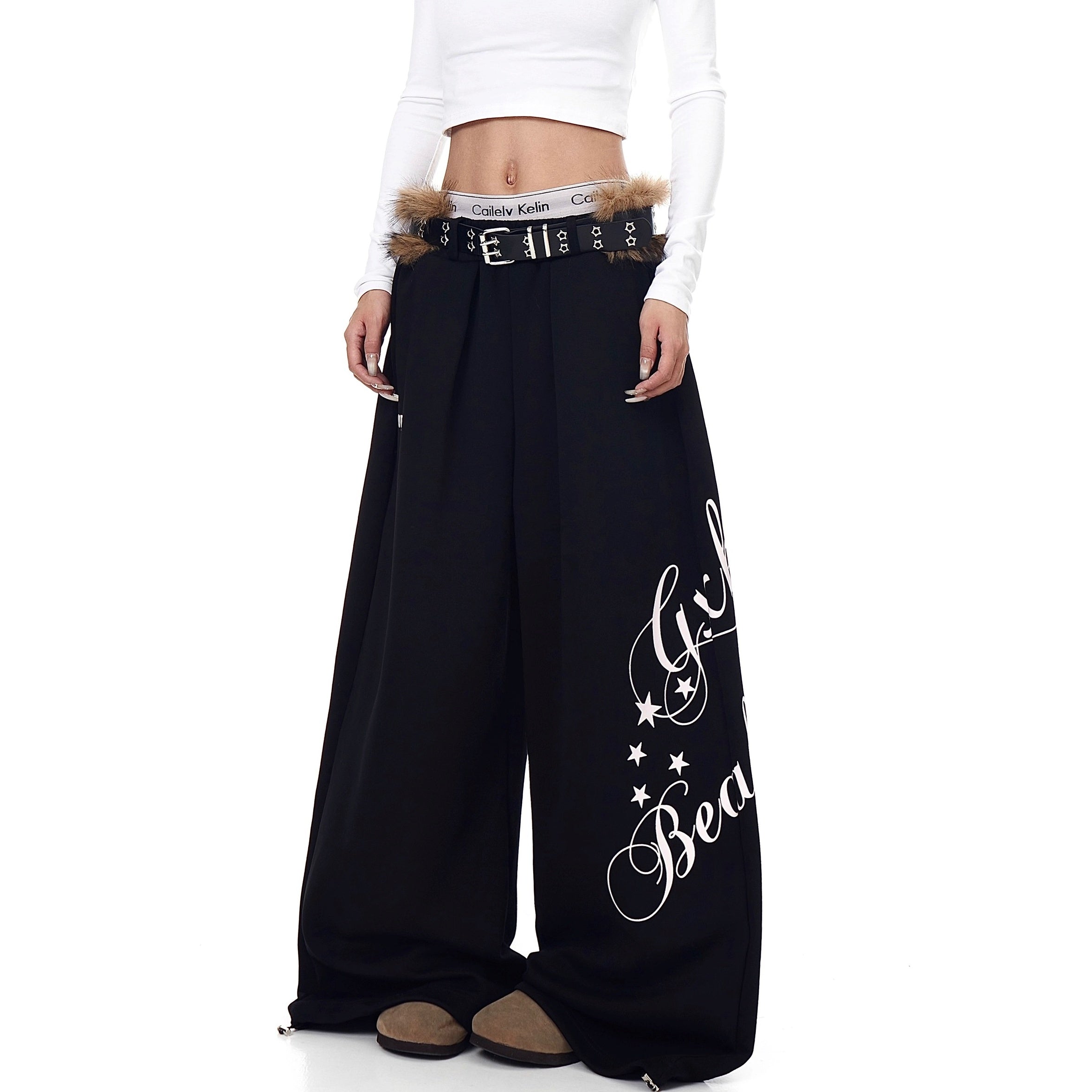 Letter Print Wide Sweat Pants With Fur Belt BK7026