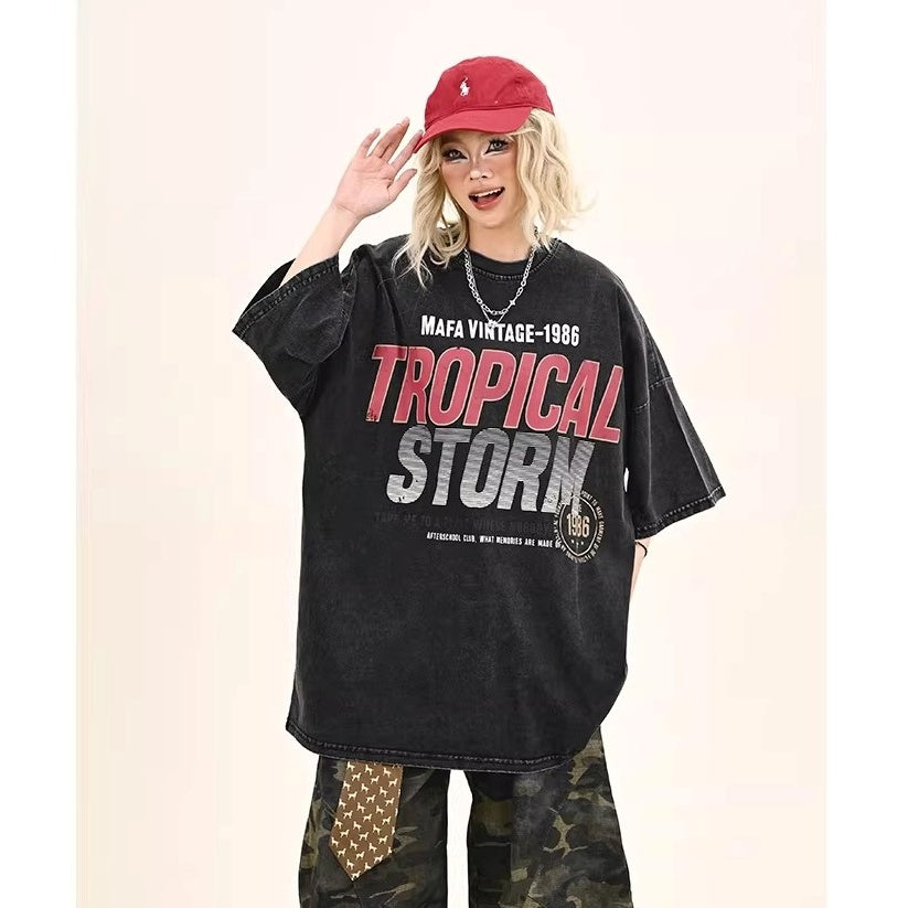 Washed Letter Print Over Size T-shirt MW10372