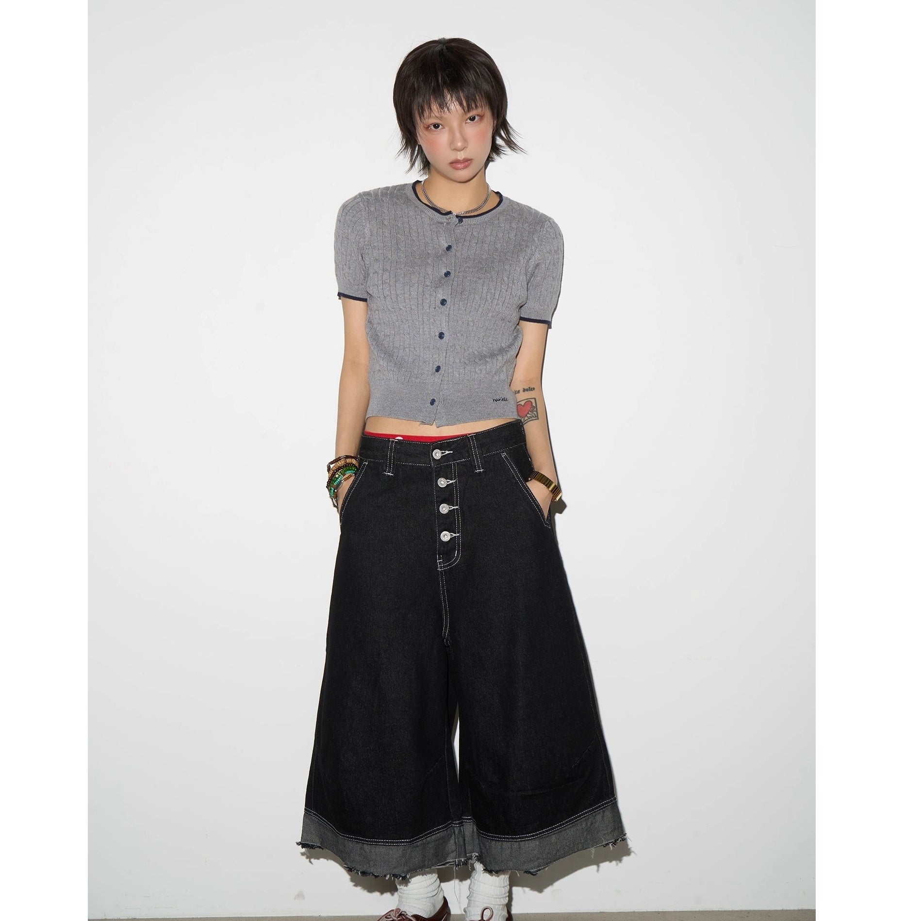 Single-breasted Raw Cropped Wide Jeans MN9020